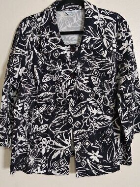 City Blues by Koret Black & White Floral Print Cropped Jacket Women’s Open Front
